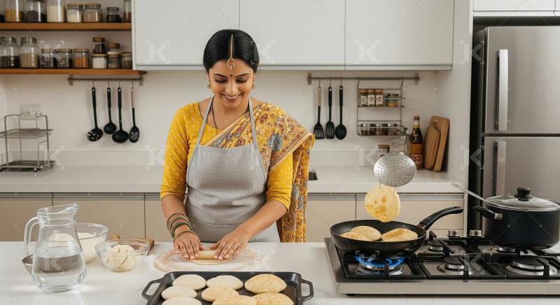Indian Woman Joyfully Prepares Traditional Flatbreads in Modern