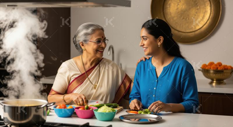 Indian Women Cooking Together, Preparing Healthy Family Meal