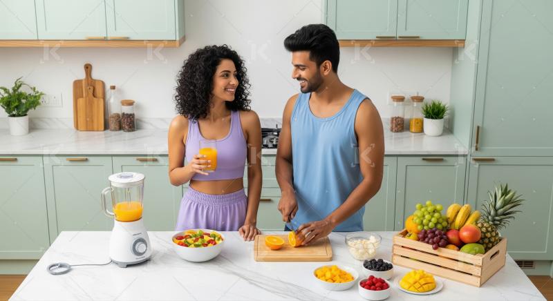 Young Indian Couple Preparing Fresh Fruit Juice and Salad