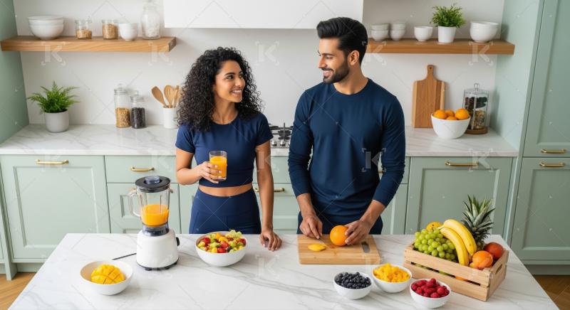 Happy Couple Prepares Healthy Fresh Fruit Juice in Modern Kitche