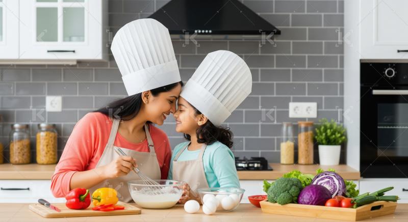 Happy Indian Mother Daughter Chefs Baking, Loving Kitchen Fun