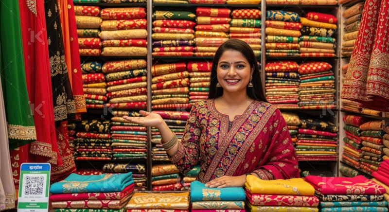 Smiling Indian Woman Showcasing Traditional Textiles in Vibrant