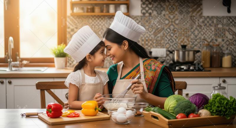 Happy Indian Mother Daughter Chefs Bonding Cooking Together Kitc