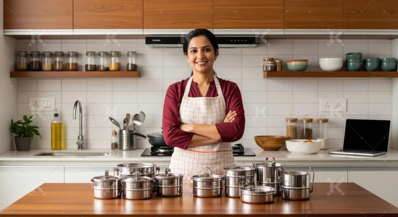 Confident Indian woman in modern kitchen with stainless steel ti