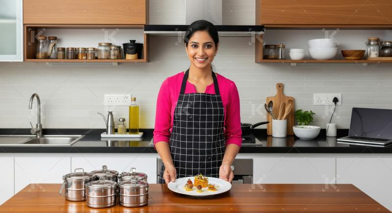 Smiling Indian Woman Presents Delicious Meal in Modern Kitchen