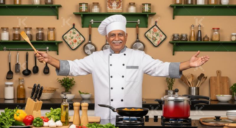 Smiling Indian Chef Cooking Delicious Food in Modern Kitchen