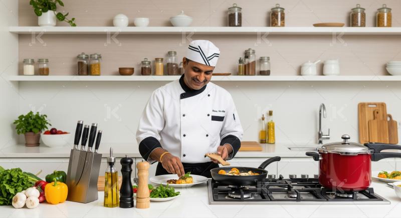 Smiling Chef Prepares Gourmet Meal in Bright Professional Kitche
