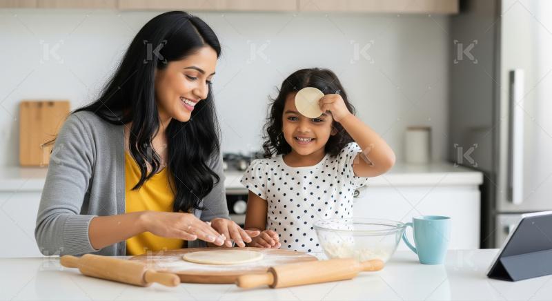 Joyful Indian Mother and Daughter Baking Dough in Kitchen