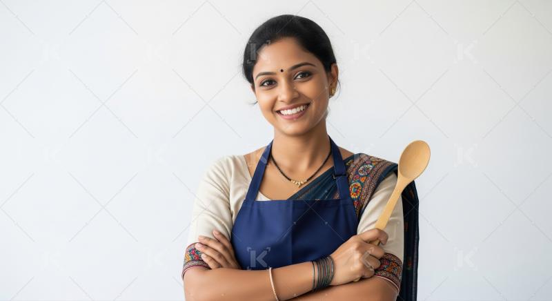 Happy Indian Woman Chef Holding Wooden Spoon, Smiling Confidentl