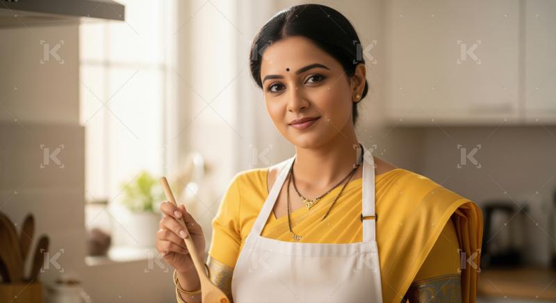 Indian woman cooking in kitchen, smiling cheerfully.