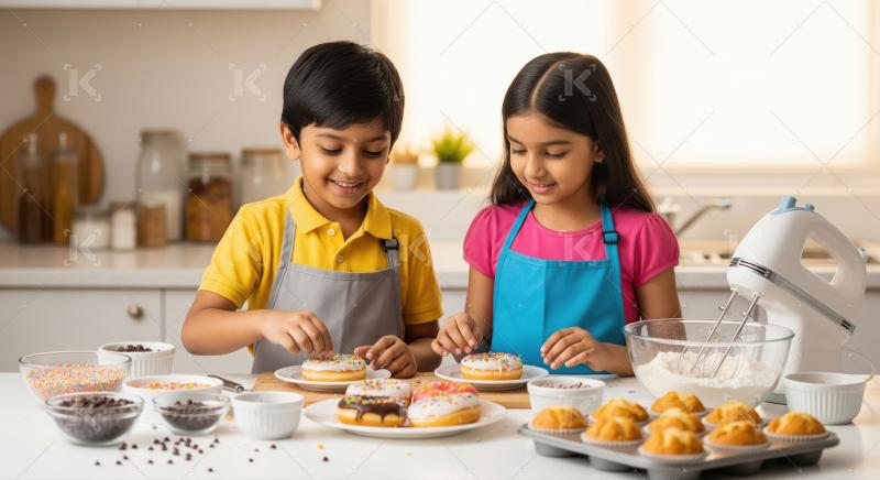 Happy Children Decorating Sweet Donuts with Colorful Sprinkles