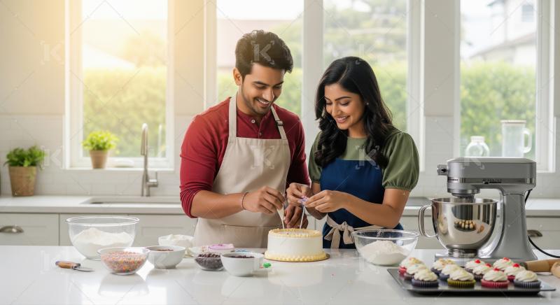 Indian Couple Baking and Decorating Cake in Kitchen