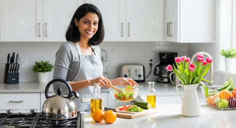 Smiling Woman Prepares Fresh Healthy Salad in Modern Kitchen