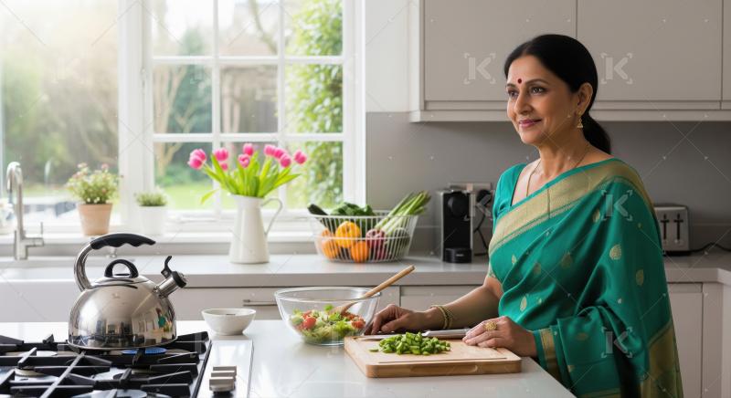 Happy Indian woman making fresh healthy salad in kitchen