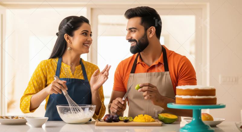 Joyful couple preparing cake with fresh fruits in kitchen