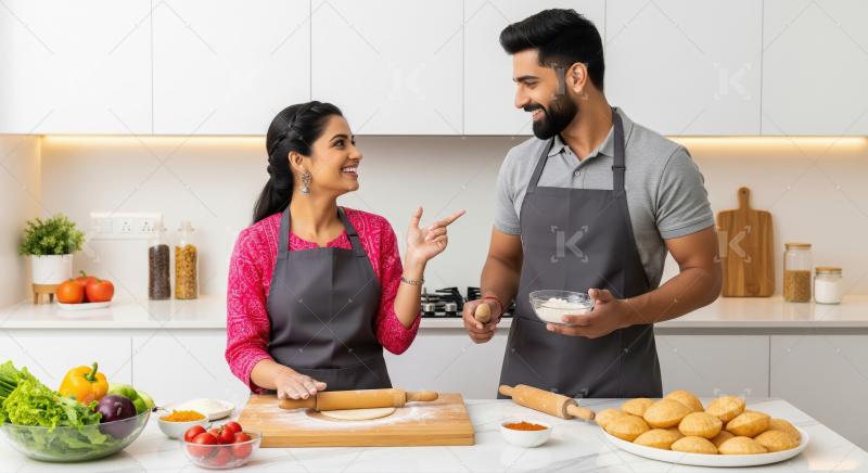 Happy Indian Couple Cooking Together in Modern Kitchen