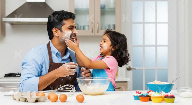 Father and daughter baking, enjoying messy kitchen fun
