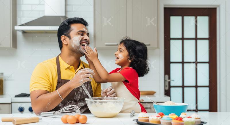 Happy Indian Father Daughter Baking Messy Fun in Kitchen
