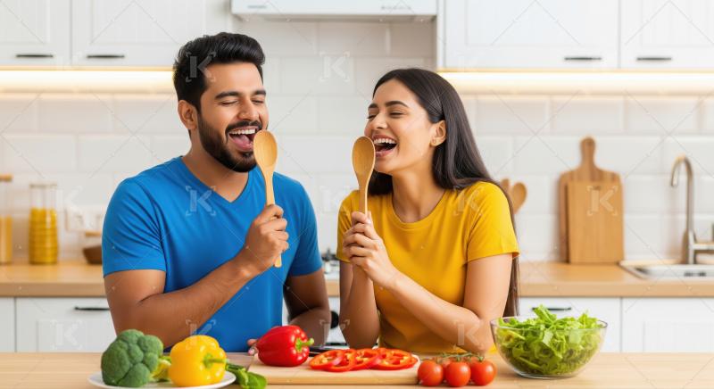 Joyful Indian Couple Singing Playfully with Spoons in Kitchen