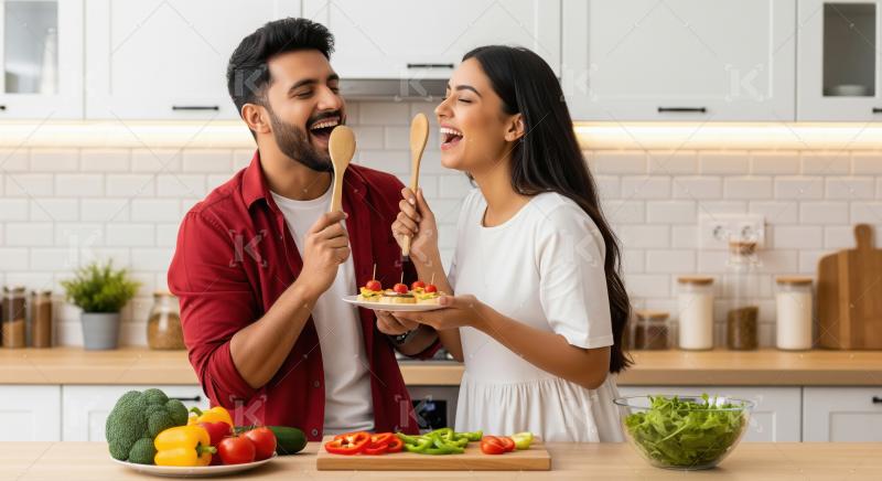 Happy Couple Singing With Spoons While Preparing Healthy Food