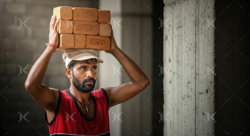 Hardworking Construction Worker Carries Bricks on Head