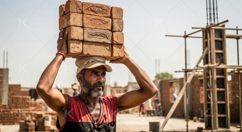 Dedicated worker transports building bricks on head at sunny sit