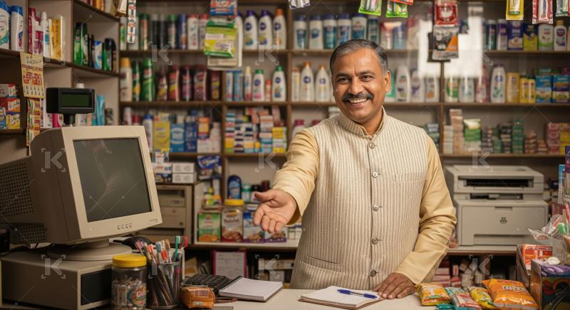 Smiling Indian shop owner welcomes customers to his small store.