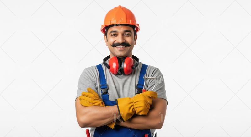 Confident Indian Worker in Hard Hat and Gloves with Tools