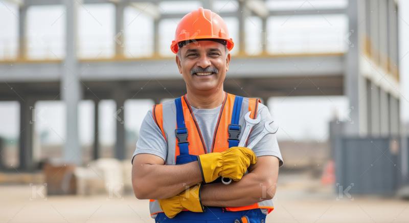 Confident Indian engineer with tools on construction site