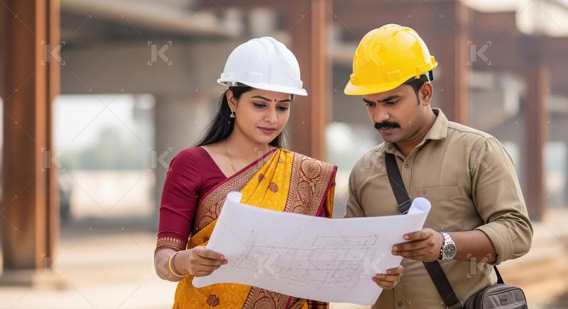 Indian Engineers Reviewing Blueprints at Active Construction Sit