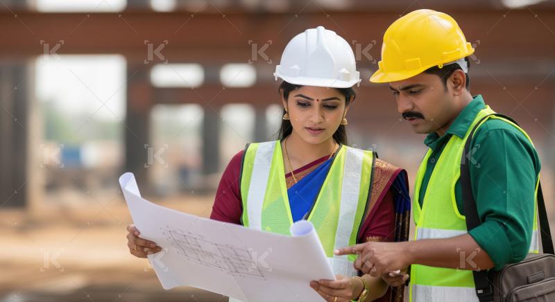 Indian Engineers Collaborating on Blueprints at Construction Sit