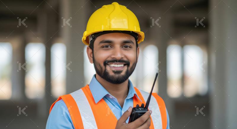 Smiling Construction Engineer with Walkie-Talkie on Job Site