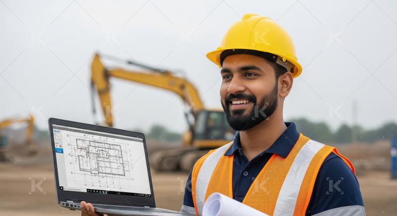 Smiling Engineer reviews blueprints on laptop at construction si