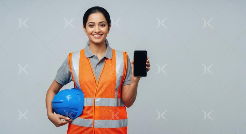 Smiling Engineer Woman with Hard Hat and Smartphone