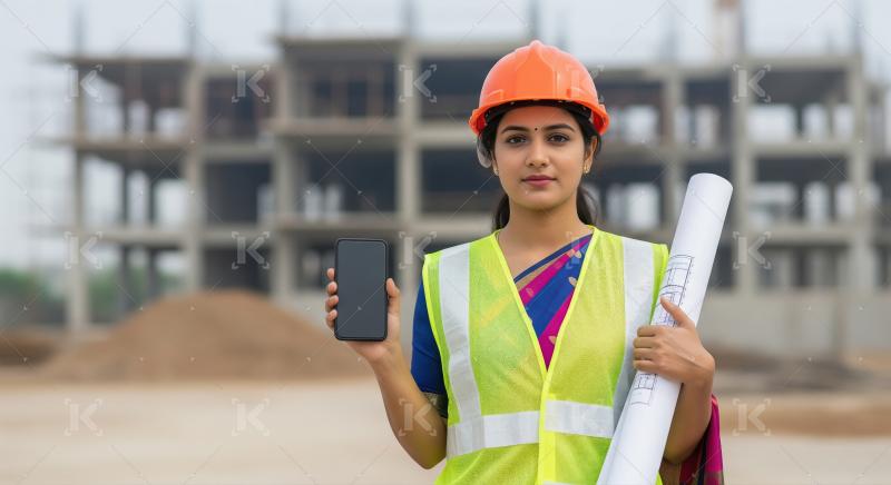 Confident Indian Woman Engineer Holding Blueprints and Smartphon
