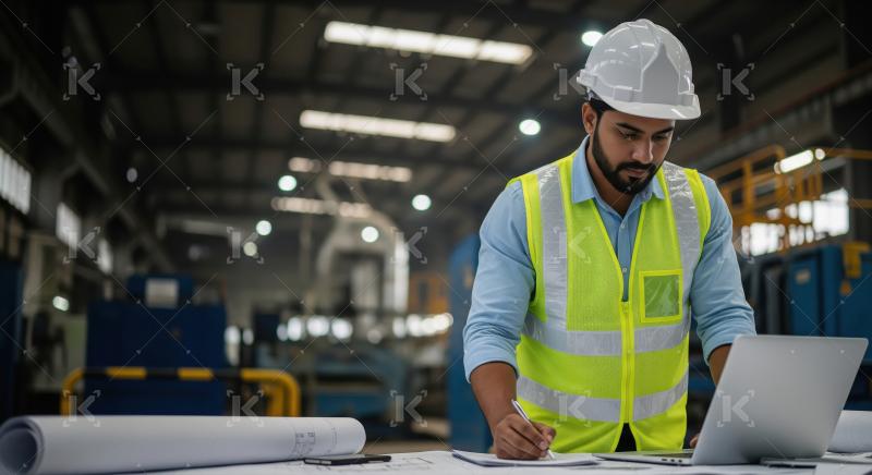 Industrial Engineer Planning Project with Laptop and Blueprints