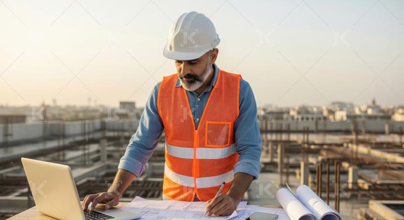 Experienced Engineer Reviews Blueprints at Urban Construction Si