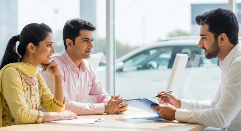 Happy couple consults advisor for new car purchase.