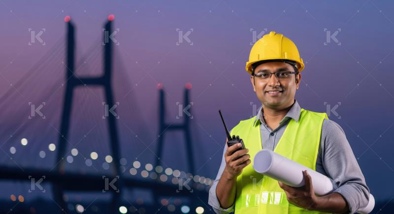 Confident Indian Engineer Supervising Bridge Project with Radio