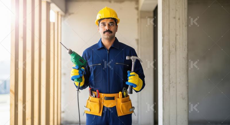 Confident Indian Construction Worker Ready with Drill and Hammer