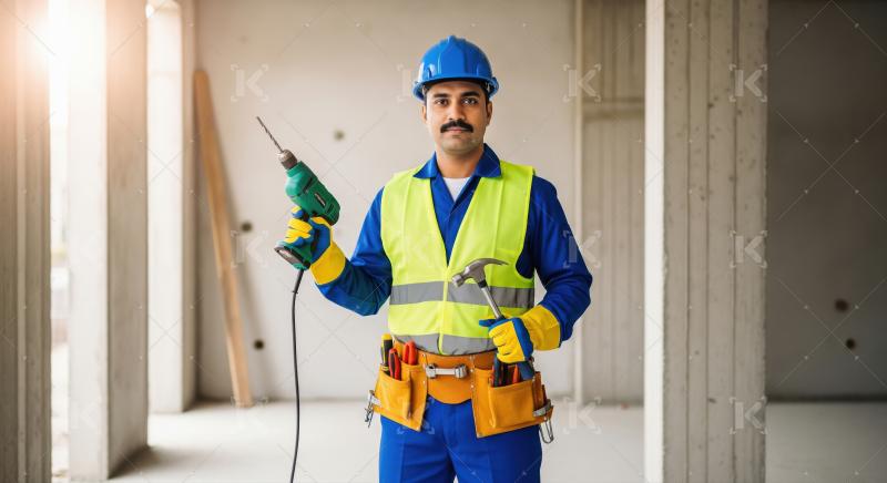 Confident Indian construction worker with tools on site