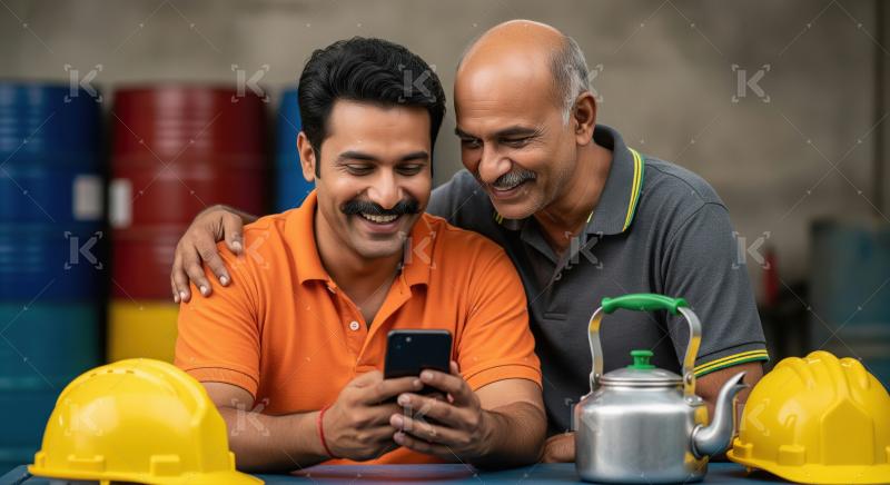 Happy Indian workers bonding over smartphone at industrial site