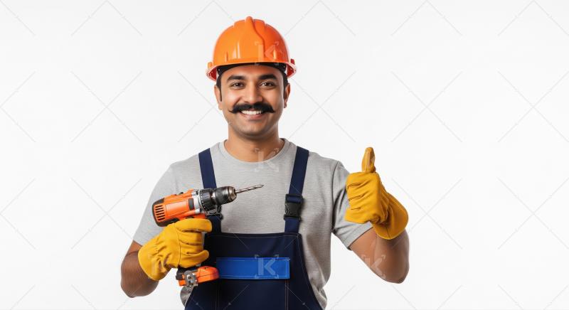 Confident construction worker with drill gives thumbs up