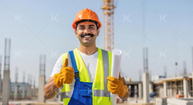 Confident construction worker with plans giving thumbs up.