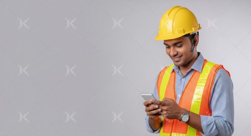 Young Indian Engineer in Safety Gear Using Smartphone Smiling