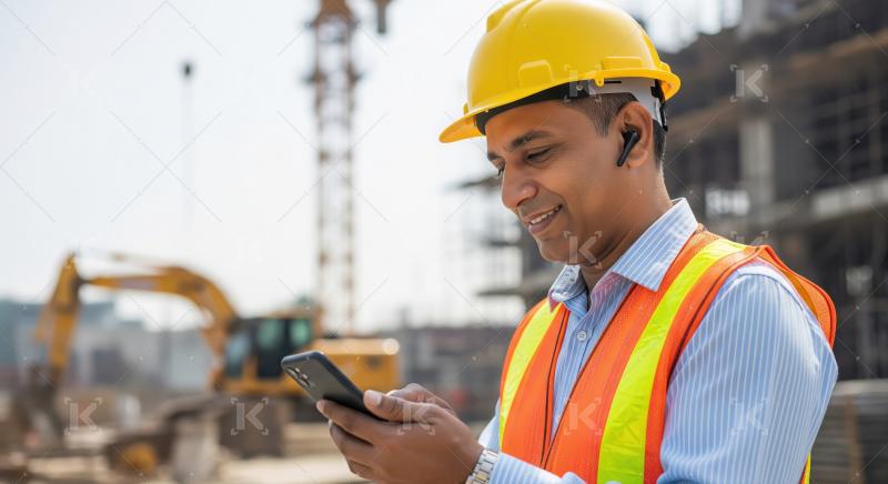 Smiling Indian engineer using smartphone at active construction