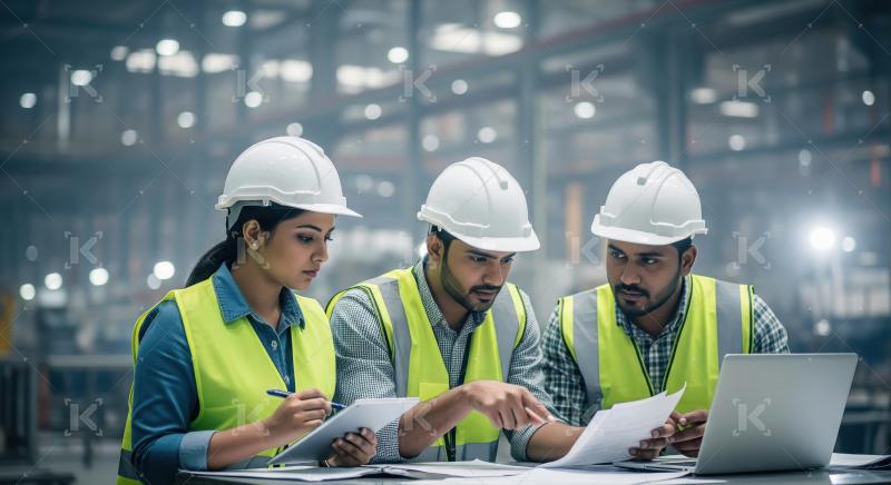 Industrial engineers collaborate, reviewing plans and data in fa