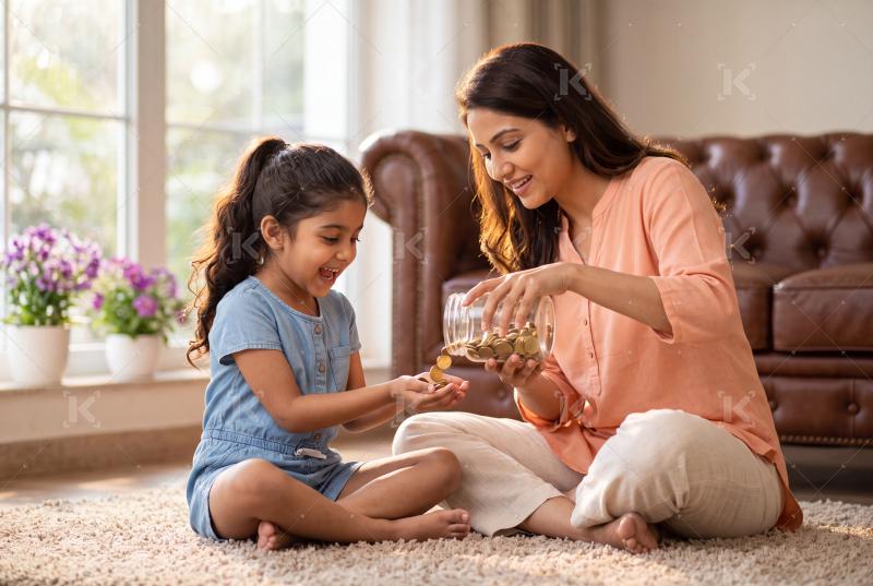 Happy indian mother and daughter holding glass jar of coins sitting at home