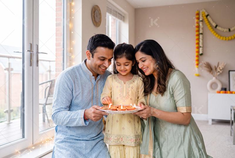 Happy indian family holding oil lamps plate celebrating diwali festival together at home