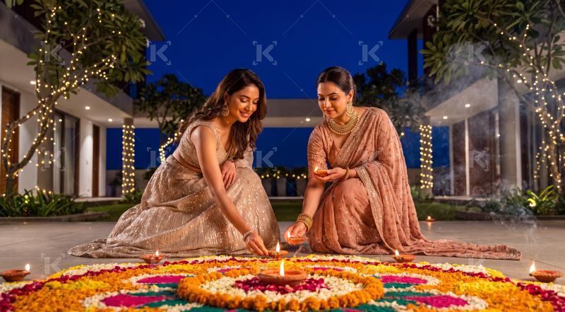 Two young indian woman placing diyas on flower rangoli on traditional diwali festival